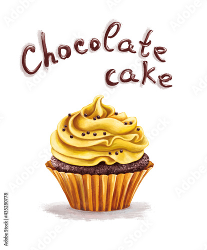   hocolate cake with lemon cream in a realistic style. Cupcake isolated on a white background. Sweet dessert. Chocolate cake lettering. For the design of cards  posters  banners  invitations  greetings