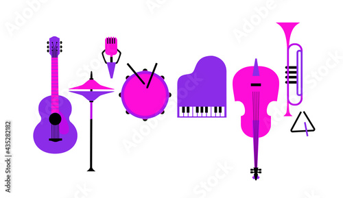 Musical instruments flat color vector icon set. Drum, piano, trumpet, guitar sign cartoon design element. Musical event symbols sketch illustration. Live music entertainment template background