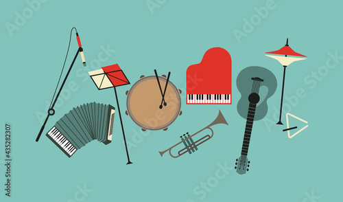 Musical instruments flat color vector icon set. Drum, piano, trumpet, guitar sign cartoon design element. Musical event symbols sketch illustration. Live music entertainment template background