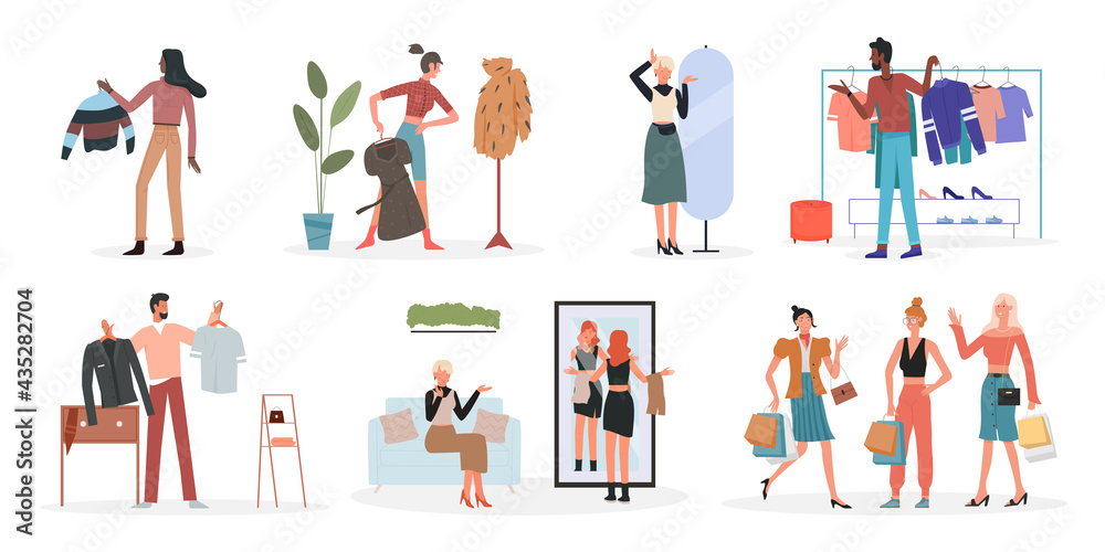 People choose fashionable clothes at home, fashion shop vector illustration set. Cartoon man woman characters holding clothes hanger, choosing what to wear, girls with shopping bags isolated on white