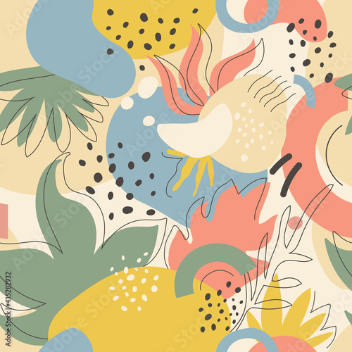Floral abstract seamless pattern with geometric shapes leaves vector illustration. Hand drawn colorful leaf foliage, dot design for print fabric textile wallpaper. Scandinavian aesthetic background