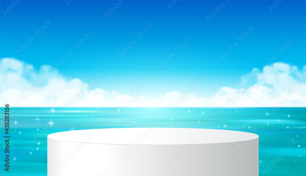 White podium display with for product presentation. Summer blue sky and ...
