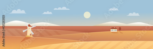 Autumn agriculture wide panorama landscape vector illustration. Cartoon flat autumn panorama scenery with windmill and farm village house on rural organic wheat field, farmland agricultural background