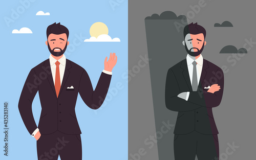 Business people in good and bad mood vector illustration. Cartoon happy fashionable businessman in suit standing and waving, sad man office worker crossed arms in stress negative emotion background