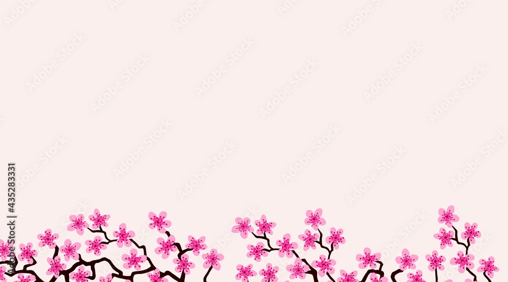 Banner with blossom sakura flowers.Floral wedding invitation card template design. Light pink background of summer fuchsia blooming sakura branch decoration, copy space. Postcard Mother, Women day