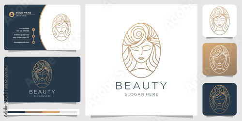 elegant woman face logo. beauty woman hair salon logo. combine with oval shape concept, line art, style, luxury, skin care. logo and business card design. Premium Vector