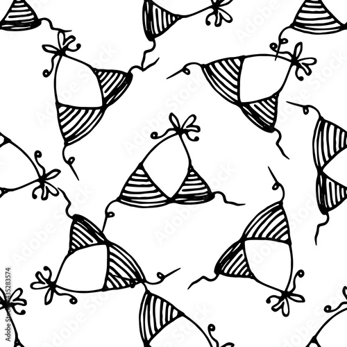 Vector seamless pattern of a swimsuit bra. hand-drawn top of a women's striped swimsuit with a drawstring in the style of a doodle with a black outline on a white background for a design template. a s