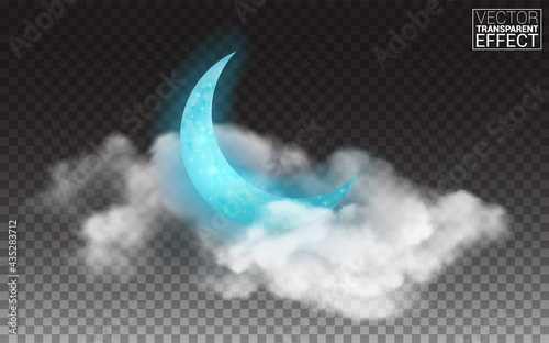 Realistic full blue moon white clouds isolated on transparent. Mystical Night sky. Moonlight night. Vector illustration of 3d moon with clouds. photo