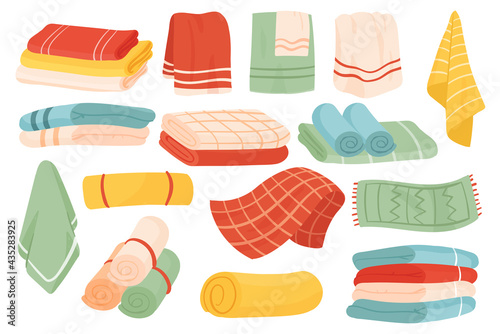 Towels for bathroom vector illustration set. Cartoon textile collection with rolled fabric hand, facial and bath cloth towels, hanging on hanger rail, lying in stack roll or pile isolated on white