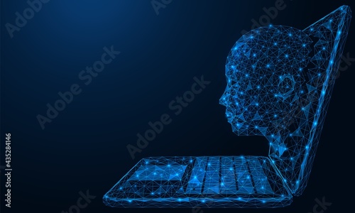 Video conference. Online communication. The face of a humanoid in the monitor of a personal computer. Polygonal construction of interconnected lines and points. Blue background.