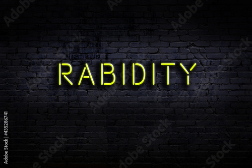 Night view of neon sign on brick wall with inscription rabidity photo