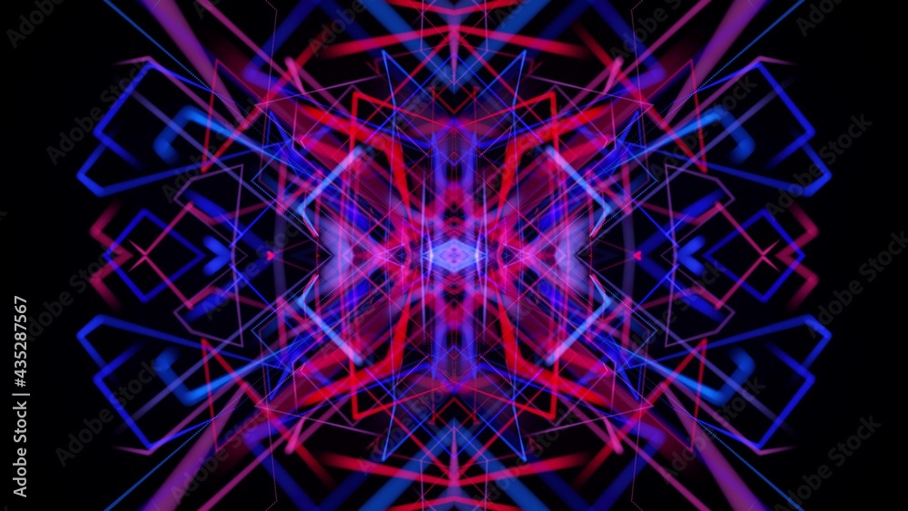 3d render. Abstract bg with pattern of glow blue red lines. Abstract laser show. Pattern like geometric structure in the air. Kaleidoscopic simmetrical structure with lines