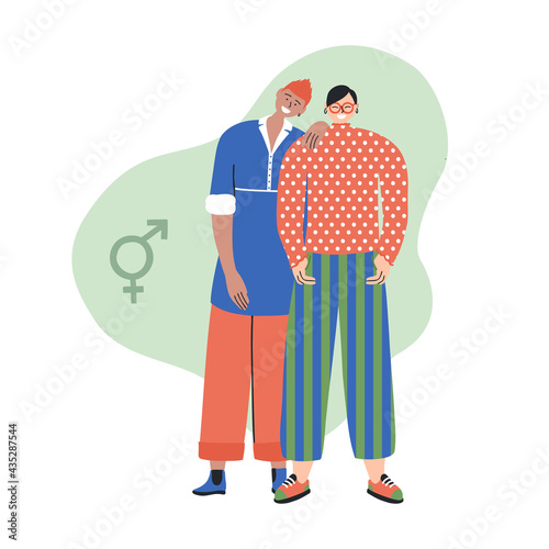Two happy yound people standing together close. Androgynous teenagers. Gender neutral appearance. Transgender, genderqueer. Pride and freedom concept. Vector hand drawn flat illustration