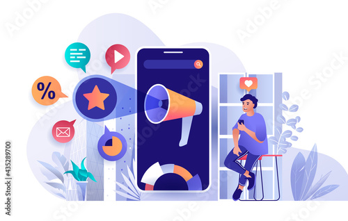 Mobile marketing concept in flat design. Promoting products or services scene template. Man makes advertising campaign, attracting new customers. Vector illustration of people characters activities