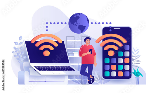 Wireless technology concept in flat design. Wifi communication of gadgets scene template. Man uses smartphone or laptop to access global Internet. Vector illustration of people characters activities