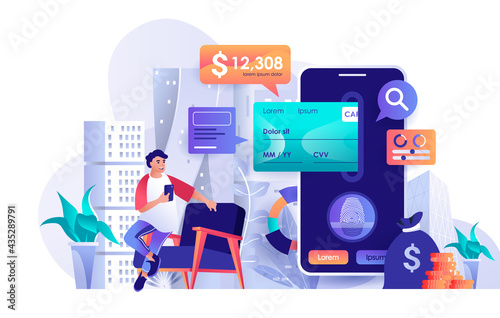 Mobile banking concept in flat design. Online financial accounting scene template. Man uses mobile application for bank operations and transactions. Vector illustration of people characters activities © alexdndz
