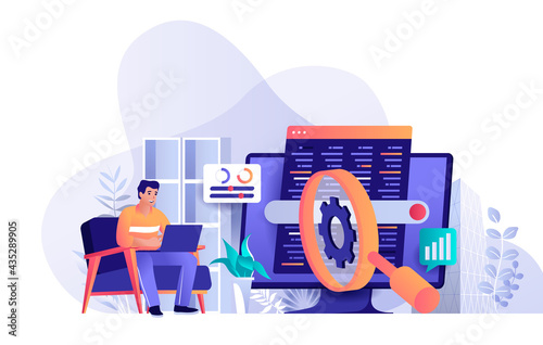 Seo optimization concept in flat design. Setting up search engine scene template. Man works on laptop, promotes website, increases traffic ranking. Vector illustration of people characters activities