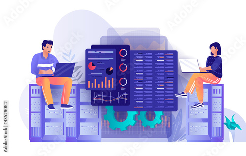 Data center technology concept in flat design. Server racks room of clouds computing scene template. Tech support, engineering process, networking. Vector illustration of people characters activities