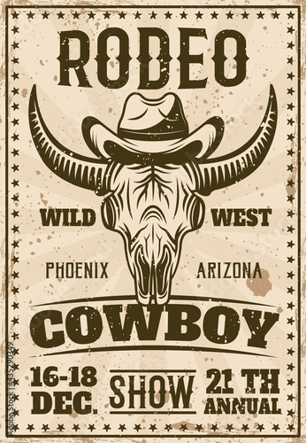 Rodeo show vintage poster with buffalo skull in cowboy hat vector illustration. Layered, separate grunge texture and text