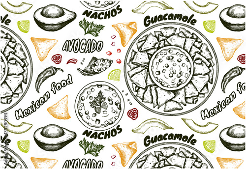 Sketch hand drawn pattern with mexican food isolated on white background. Green avocado sliced, nachos, guacamole, red chilli pepper, lime. Drawing fast food menu. Spicy sous. Vector illustration.