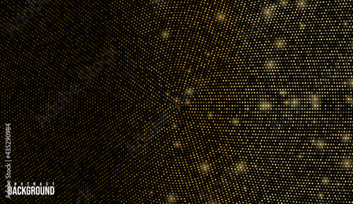 Gold Glitter Halftone Dotted Backdrop black and gold color. Abstract Circular Retro Pattern. Golden Explosion Of Confetti. Digitally Generated Image. Pop Art Style Background. Vector Illustration.
