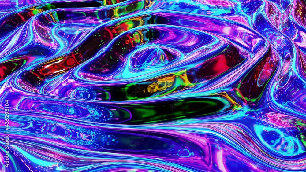 3d render. Liquid pattern like waves. 3D stylish abstract iridescent bg of wavy surface like brilliant liquid glass with rainbow beautiful gradient colors. Trendy colorful fluid