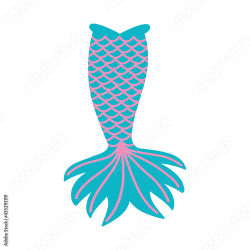 Cute mermaid tail isolated on white background. Props for girls party, greeting card or t-shirt print. Vector flat illustration.