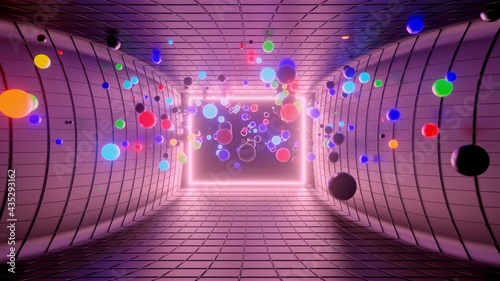 3d render. 3D abstract creative background with neon glow multi-colored spheres inside camera, reflecting walls. Luminous balls fly inside dark chamber. Creative simple geometric bg with neon glow