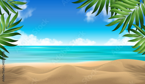 Product advertising background. Azure ocean white clouds. Coconut palm trees against blue sky and beautiful tropical beach. Vacation holidays background wallpaper. Vector Illustration. © moleks