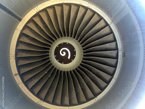 Blades of a jet engine of a Boeing commercial airplane