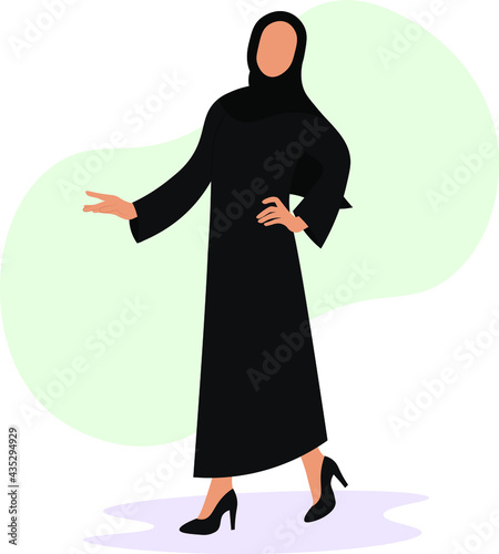 Arabic young woman in hijab, Muslim girl in fashion traditional black dress abaya from UAE or Saudi Arabia  posing, facaless islamic model vector illustration 