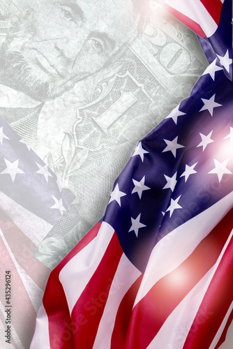 American national flag on a banner against dollar bill elements with empty space for text. Good for poster or stories to independence day usa.
