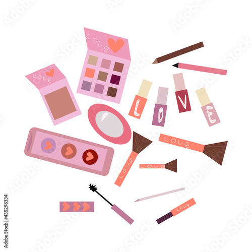 Set of various cosmetics.Eye shadow, mascara, lipstick, nail polish, eyeliner, mirror, powder brushes and face powder. Make up care concept.