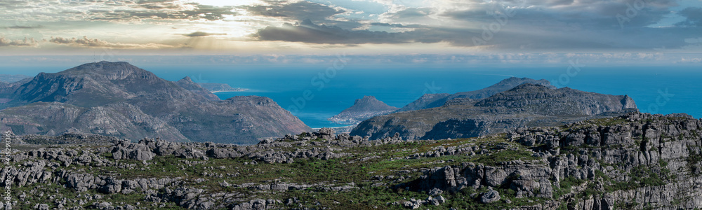 Dramatic panorama from atop Table mountain from the top, looking out towards the Southern coast of Africa, Great outdoors adventure travel destination, Cape Town, South Africa
