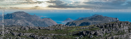 Dramatic panorama from atop Table mountain from the top, looking out towards the Southern coast of Africa, Great outdoors adventure travel destination, Cape Town, South Africa © Shawn