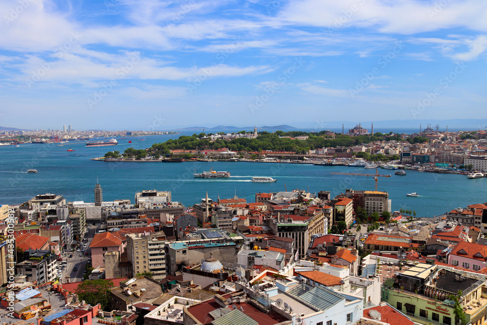 A panoramic view of the city of Istanbul from the Galata Tower to the European part of the city and the Bosporus Strait. Summer sunny day