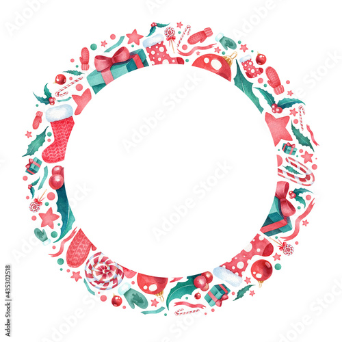 Nice watercolor round Christmas frame for your design. Cute festive frame with many red and green hand drawn watercolor elements on white background. Merry Xmas and Happy New Year!