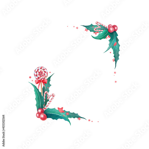 Christmas hand drawn watercolor square frame for your design. Nice delicate festive frame with many traditional red and green elements on white background. Beautiful Christmas card desifn.