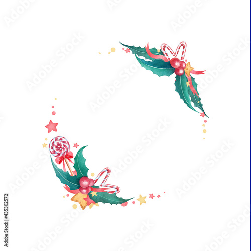 Christmas hand drawn watercolor frame for your design. Cute delicate frame with many traditional red, yellow and green elements on white background. Nice Christmas card desifn.