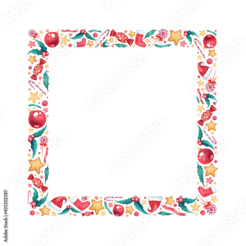 Nice square watercolor Christmas frame for your design. Beautiful festive frame with many hand drawn watercolor  red, green, yellow elements on white background. Merry Xmas and Happy New Year!