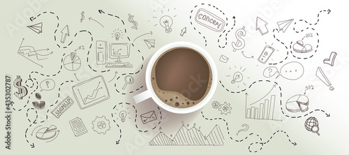Start up and new business cocnept with top view on coffee cup at light surface background with handwritten sketch of graphs and social media icons