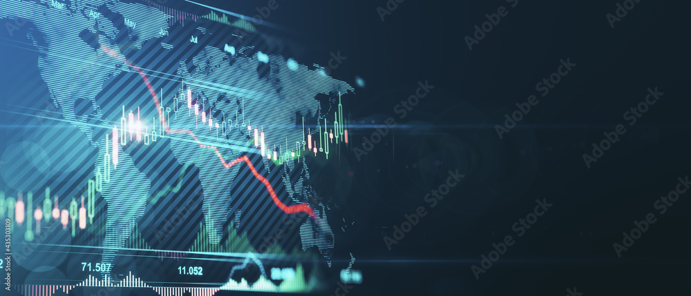 Global trade market concept with glowing digital worl map and financial chart graphs on abstract dark technological background with space for your text. 3D rendering, mock up