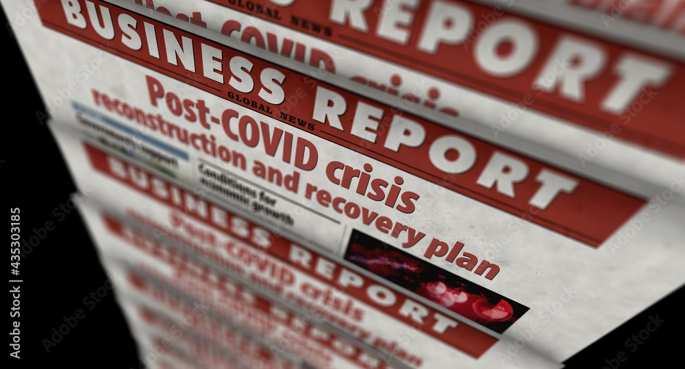 Obraz premium Post-COVID crisis reconstruction and recovery plan retro newspaper illustration
