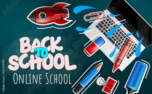 Back to school vector banner design. Back to school online text in chalkboard space with paper cut elements like laptop for e-learning educational study background. Vector illustration
