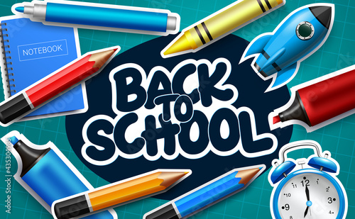 Back to school vector concept design. Back to school text with color pencil, marker and notebook  elements in grid pattern background for educational class activity. Vector illustration
