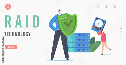 Data Backup Raid Modern Technologies Landing Page Template. Tiny Characters with Shield and Hard Disk at Huge Pc Block