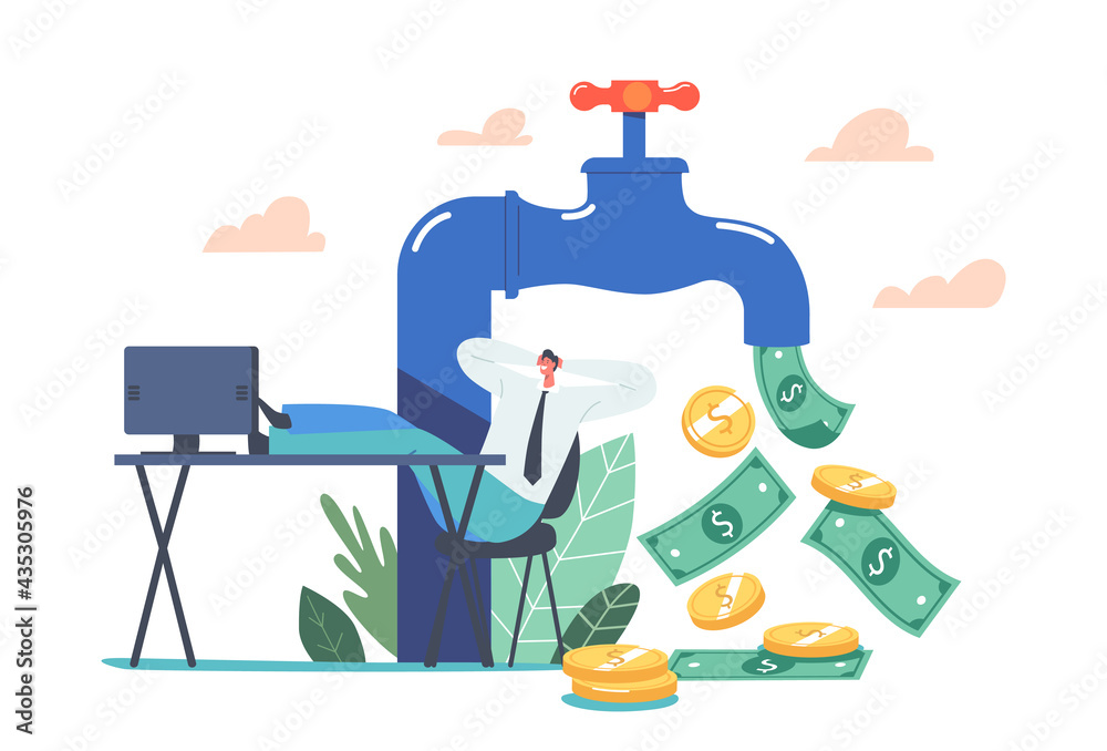 Tiny Businessman Sitting with Legs on Office Desk near Huge Tap with Money Flow. Return on Investment, Passive Income Tiny Businessman Sitting with Legs on Office Desk near Huge Tap with Money Flow. Return on Investment, Passive Income