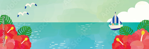 ハビスカスと海 水彩風タッチ