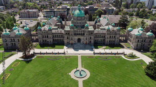 Parliament Buildings home to the Legislative Assembly of British Columbia in the city of Victoria on Vancouver Island in British Columbia in Canada from above