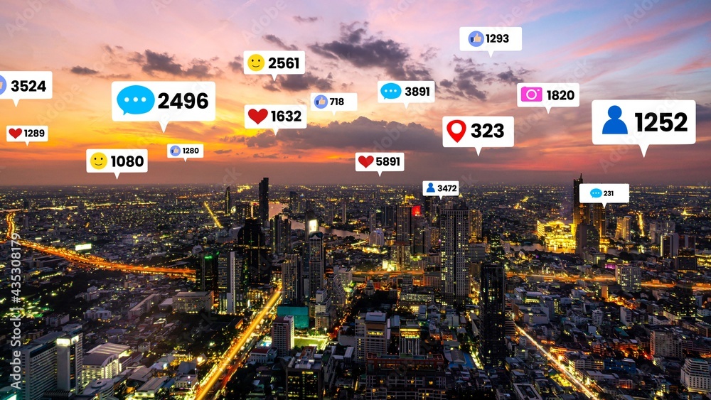 Social media icons fly over city downtown showing people engagement connection through social network application platform . Concept for online community and social media marketing strategy . - obrazy, fototapety, plakaty 